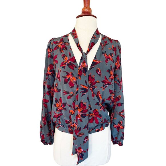 Madewell Silk Floral Tie Neck Faux Wrap Top in Bridgette Architect Green Small - Picture 1 of 10